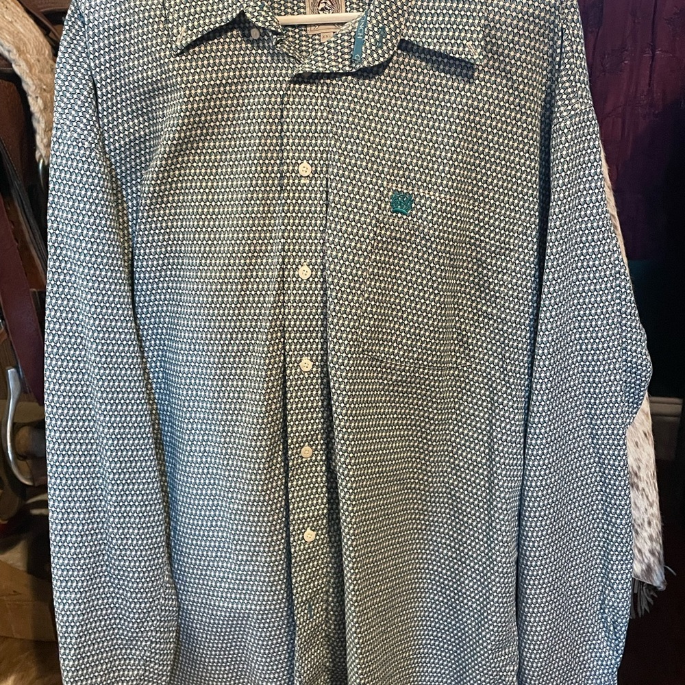 Cinch Teal Casual Button Down Shirt with Geometric Pattern